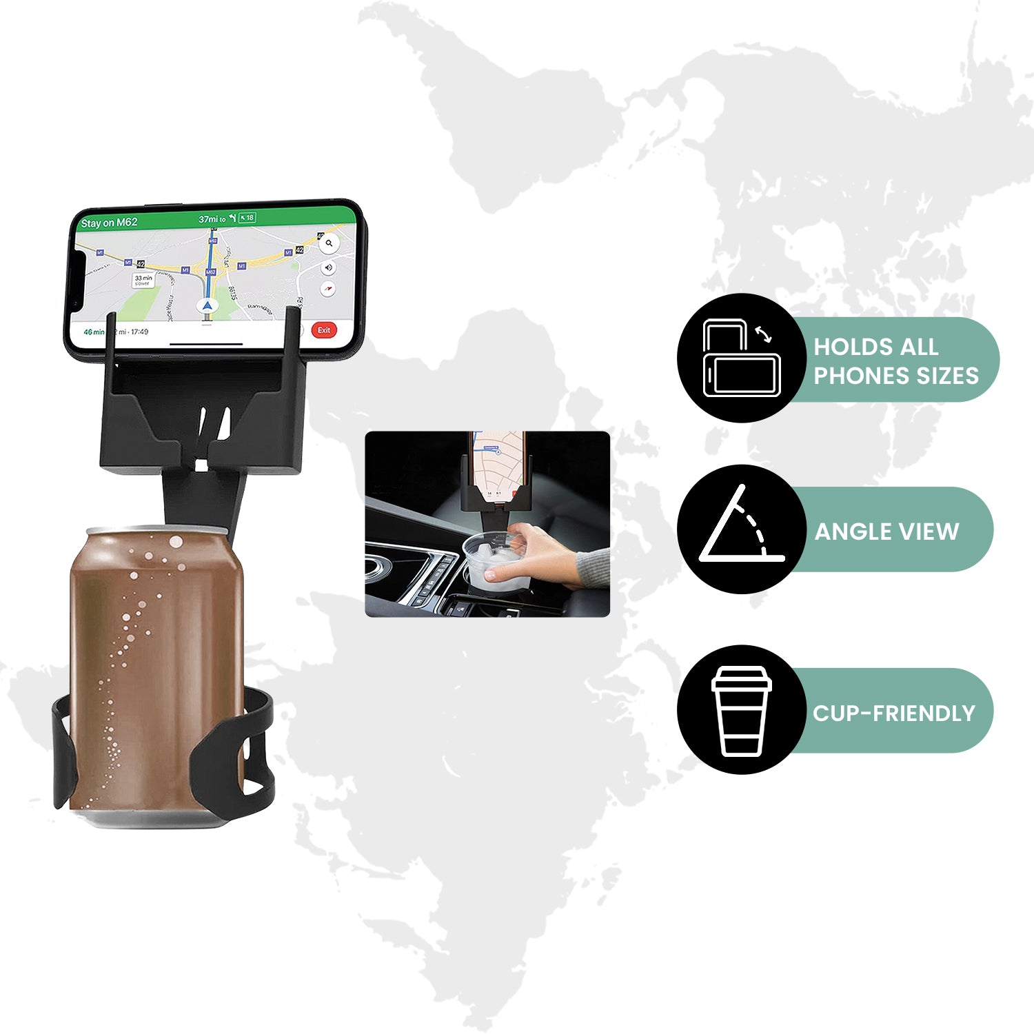 Adjustable 2 in 1 Cup Holder Phone Mount for Car, Boat, Lounge, Sofa Traveling