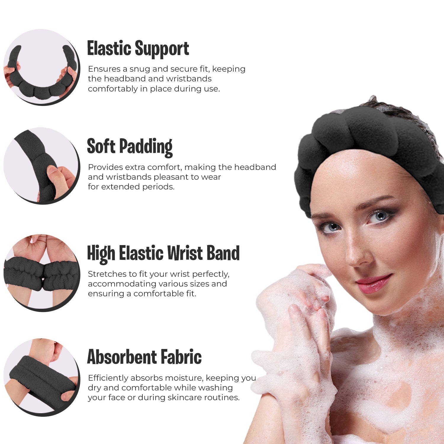 3-Pack: Non Slip Bubble Spa Headband Wear for Washing Face Makeup Skincare with Wristbands