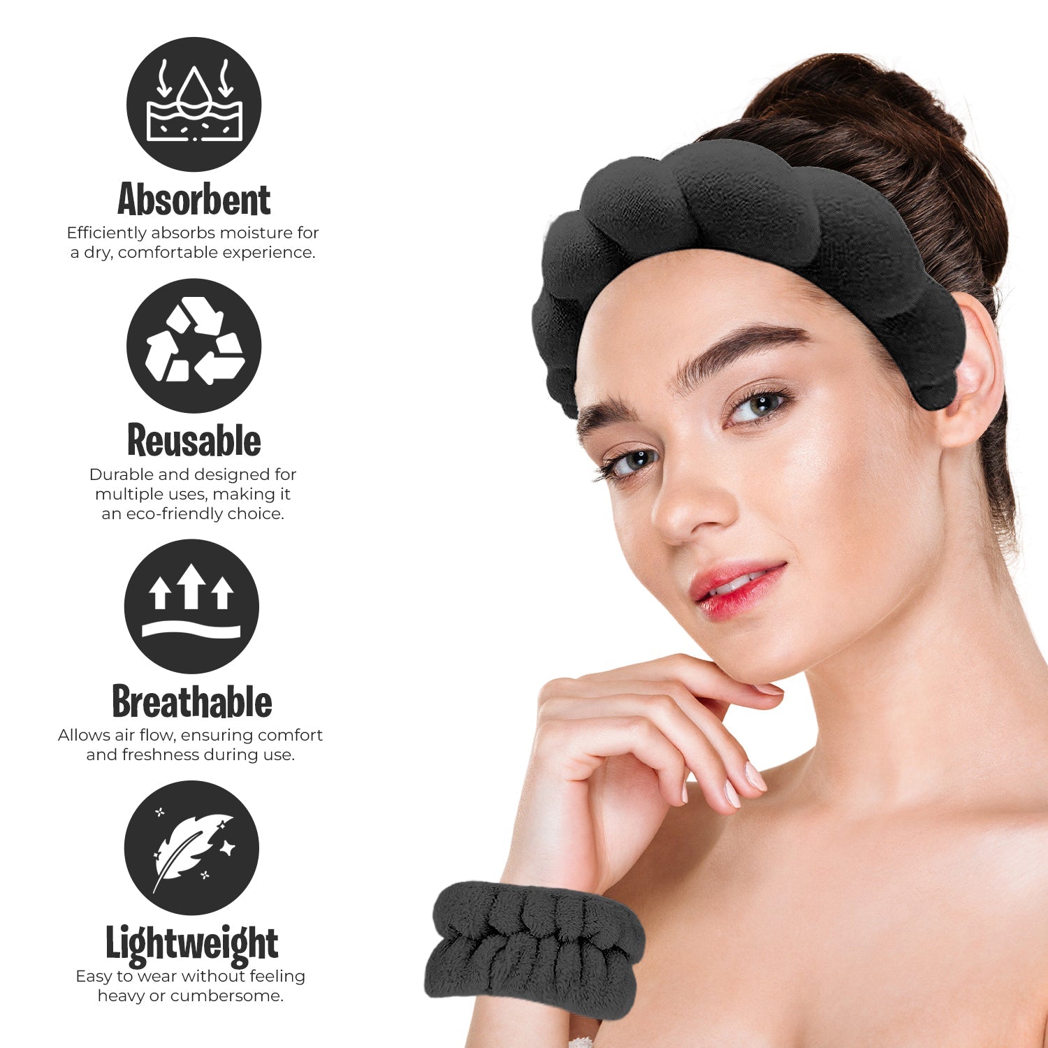 3-Pack: Non Slip Bubble Spa Headband Wear for Washing Face Makeup Skincare with Wristbands