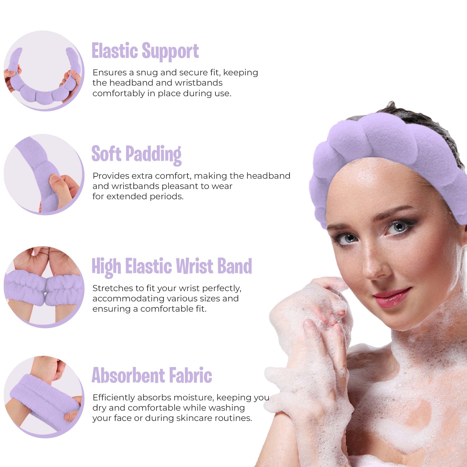 3-Pack: Non Slip Bubble Spa Headband Wear for Washing Face Makeup Skincare with Wristbands