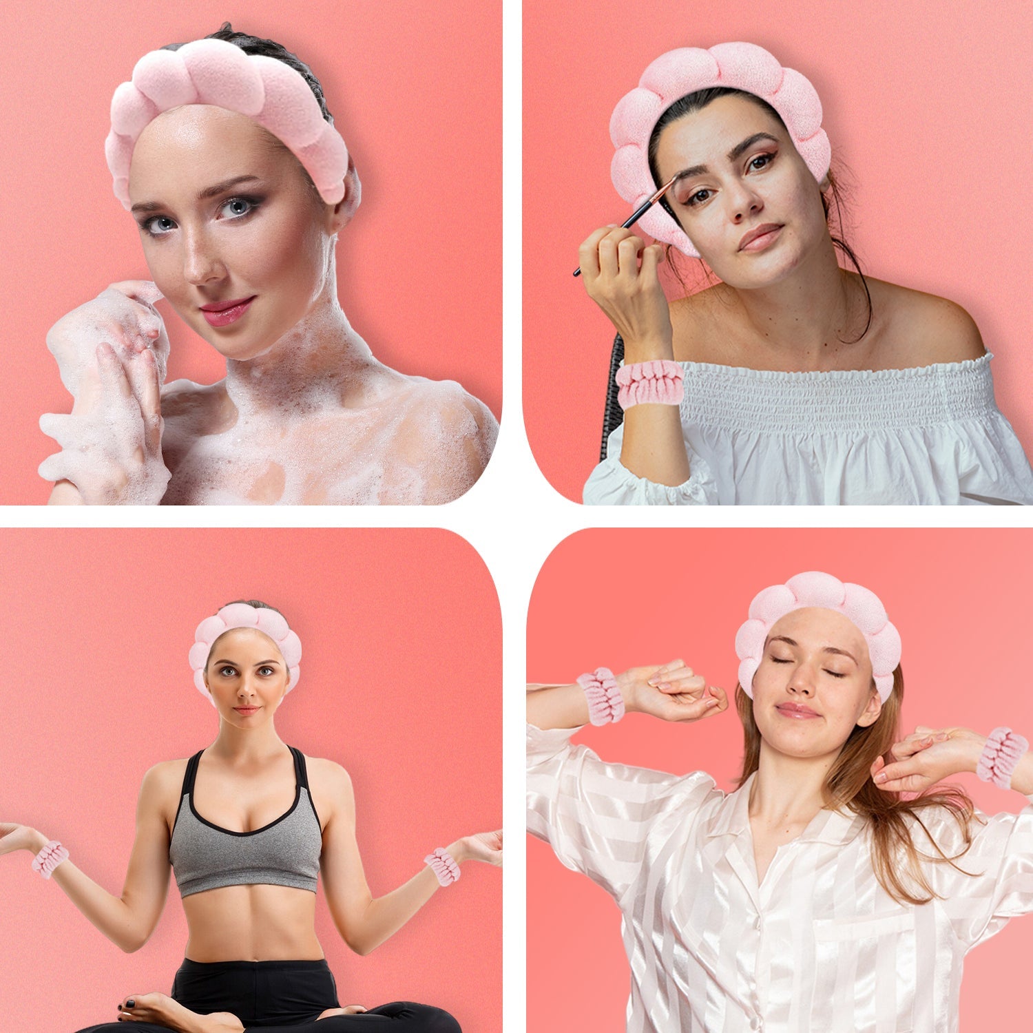 3-Pack: Non Slip Bubble Spa Headband Wear for Washing Face Makeup Skincare with Wristbands